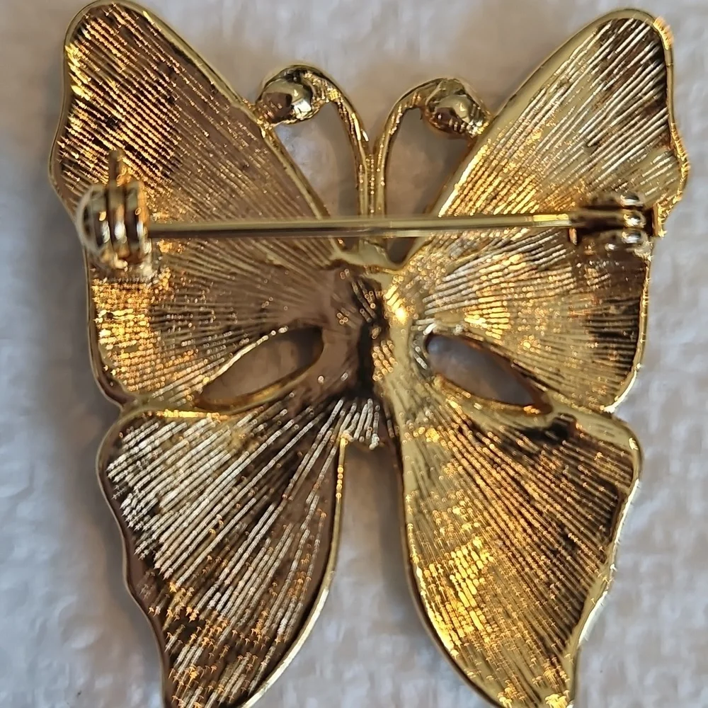 Vintage Liz Claibore Brooch Enameled, Rhinestones, Auroa Borealis, Gold Tone